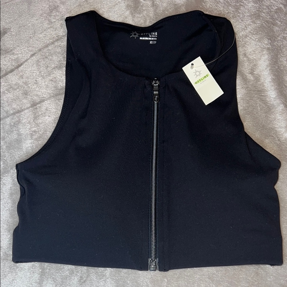 NWT Offline By Aerie Real Me Zip Front Crop Tank Top Midnight Black XS